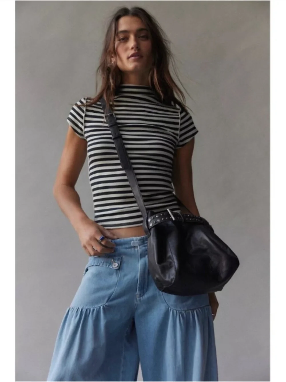 Free People Black Leather Studded Belt-Detail Bucket Shoulder Bag